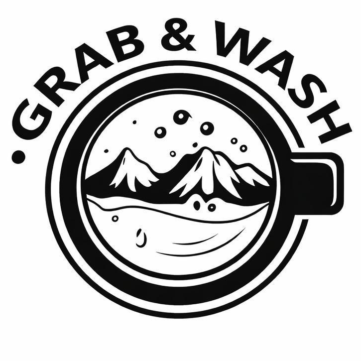 Grab & Wash – Logo mit Bergen und Blasen in einem becherförmigen Kreis